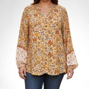 HEYSON Boho V-Neck Floral Pattern Loose Tunic Long Sleeve Blouse, NWT! Size 3X
